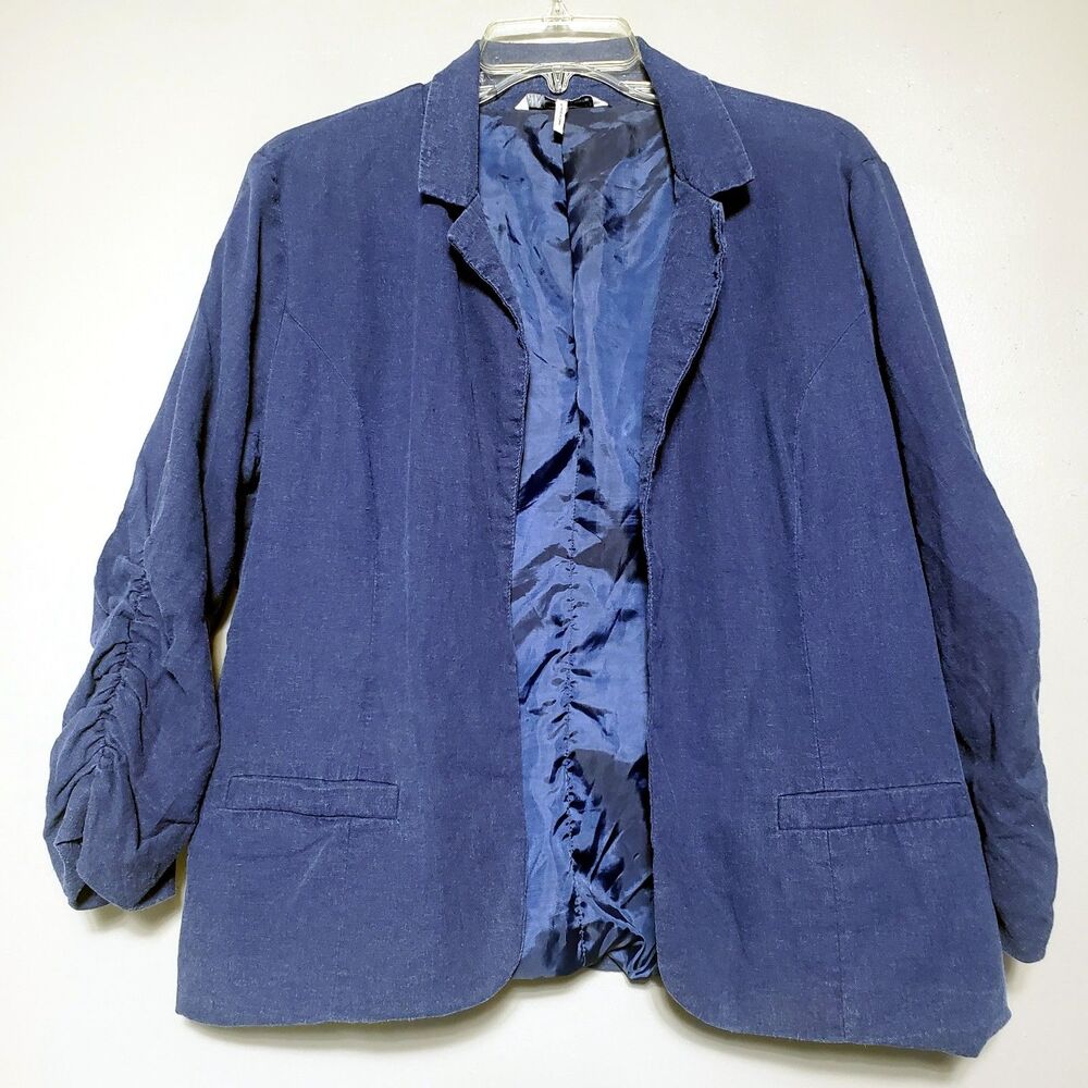 French Connection Blazer Size Large Dark Blue Linen Blend Cropped Open Front